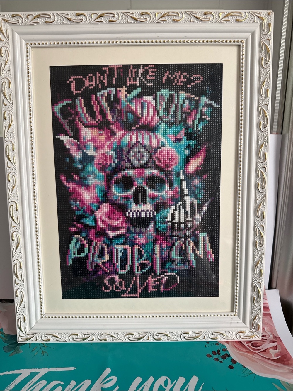 Handmade Framed Diamond Art Sugar Skull Wall Decor Gothic Floral Art - Picture 2 of 2